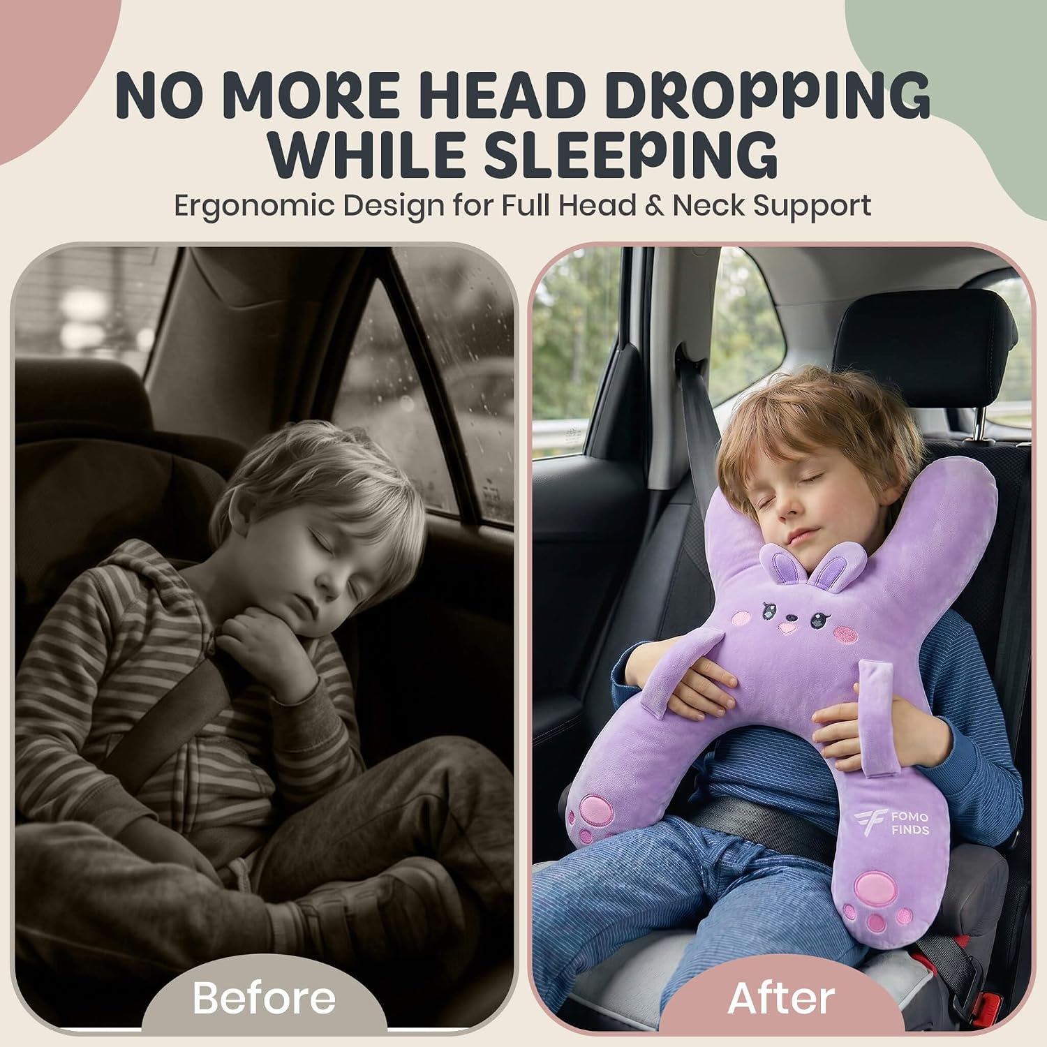 Kids Car Sleeping Pillow - X-Shaped Plush Animal for Neck & Back Support - Hands & Seat Belt Slot - Machine Washable & Compressible…