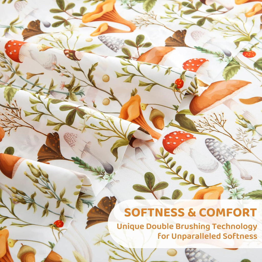 mooreeke Cozy Vintage Microfiber Printed King Sheet Set - Soft & Breathable Percale Mushroom Forest Bed Sheets with Extra Deep Pocket - Non…