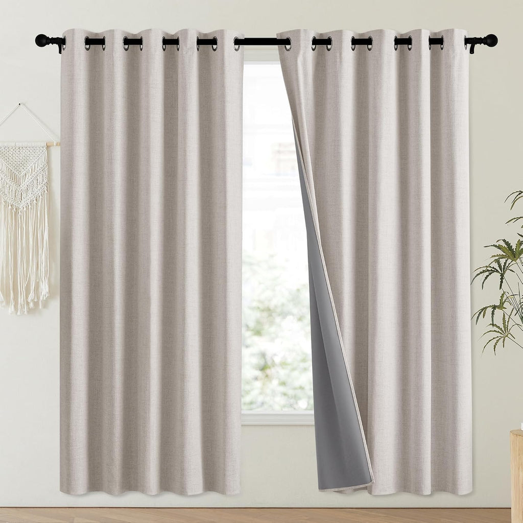 NICETOWN Brich Vintage Open Linen Weave Flax Thermal Curtains, 100% Blackout Curtains 72" Long for Dining Room, Soundproof Window…