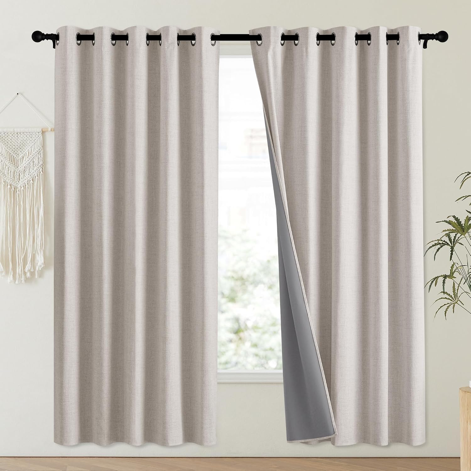 NICETOWN Brich Vintage Open Linen Weave Flax Thermal Curtains, 100% Blackout Curtains 72" Long for Dining Room, Soundproof Window…