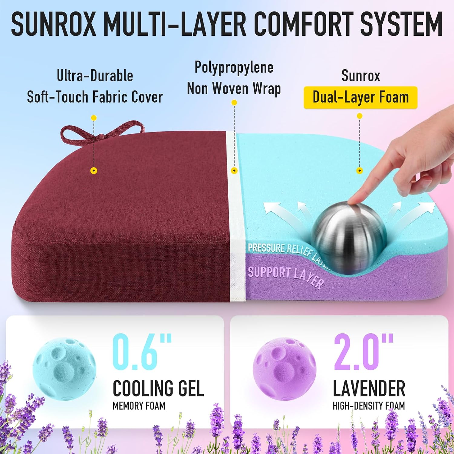 Sunrox Cooling Gel Memory Foam Chair Cushions, 2.6" Thick U-Shaped Dual-Layer Comfort Dining Chair Pads, Non Slip Seat Cushion with Ties fo…