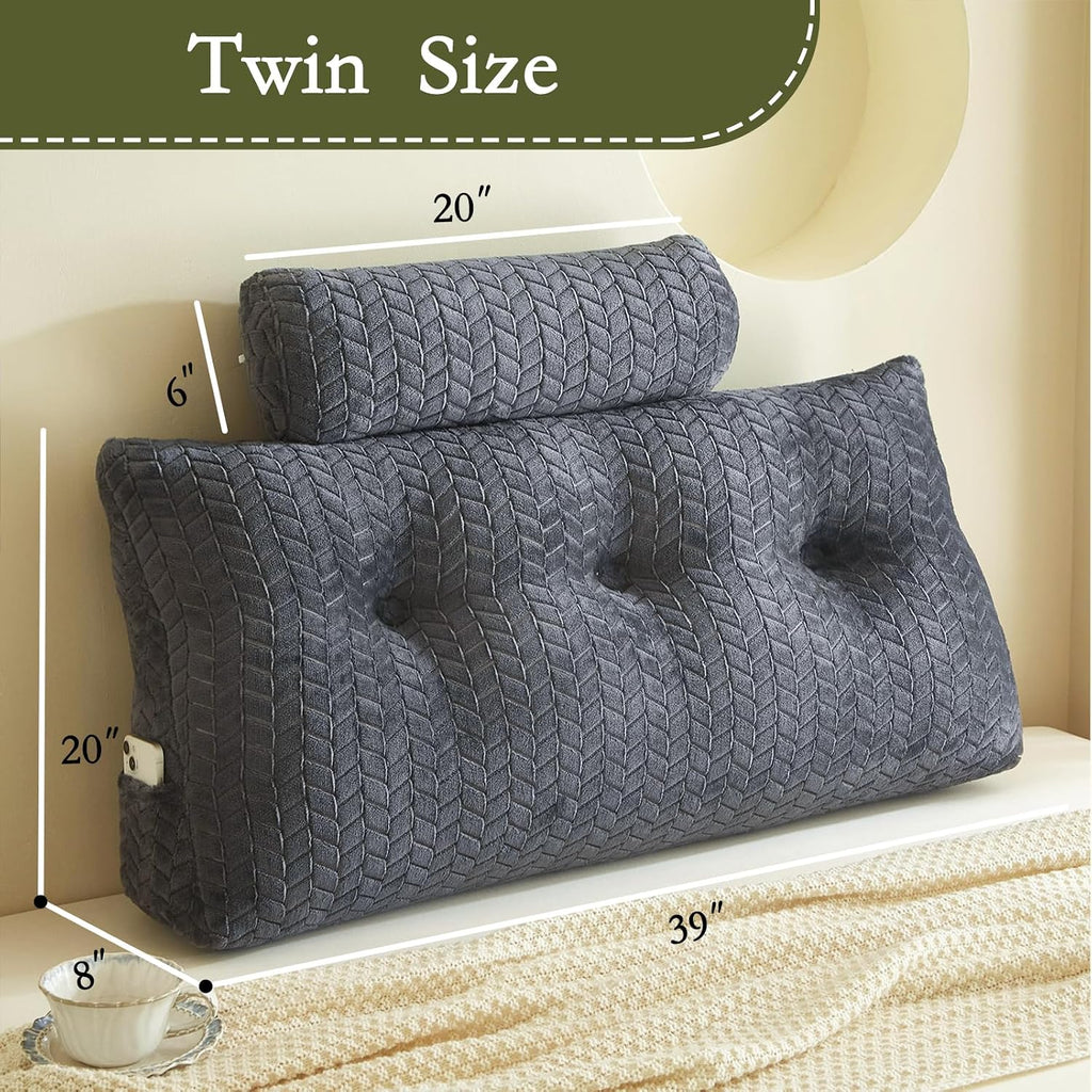 Yourmoon YOUR MOON Wedge Headboard Pillow Twin Size, Triangular Wedge Backrest Pillow with 1 Pack Neck Roll Pillows, Headboard Pillow for B…