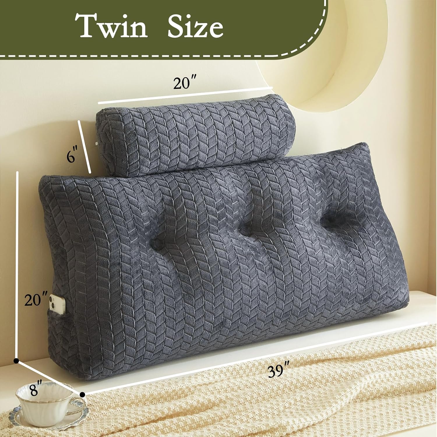 Yourmoon YOUR MOON Wedge Headboard Pillow Twin Size, Triangular Wedge Backrest Pillow with 1 Pack Neck Roll Pillows, Headboard Pillow for B…