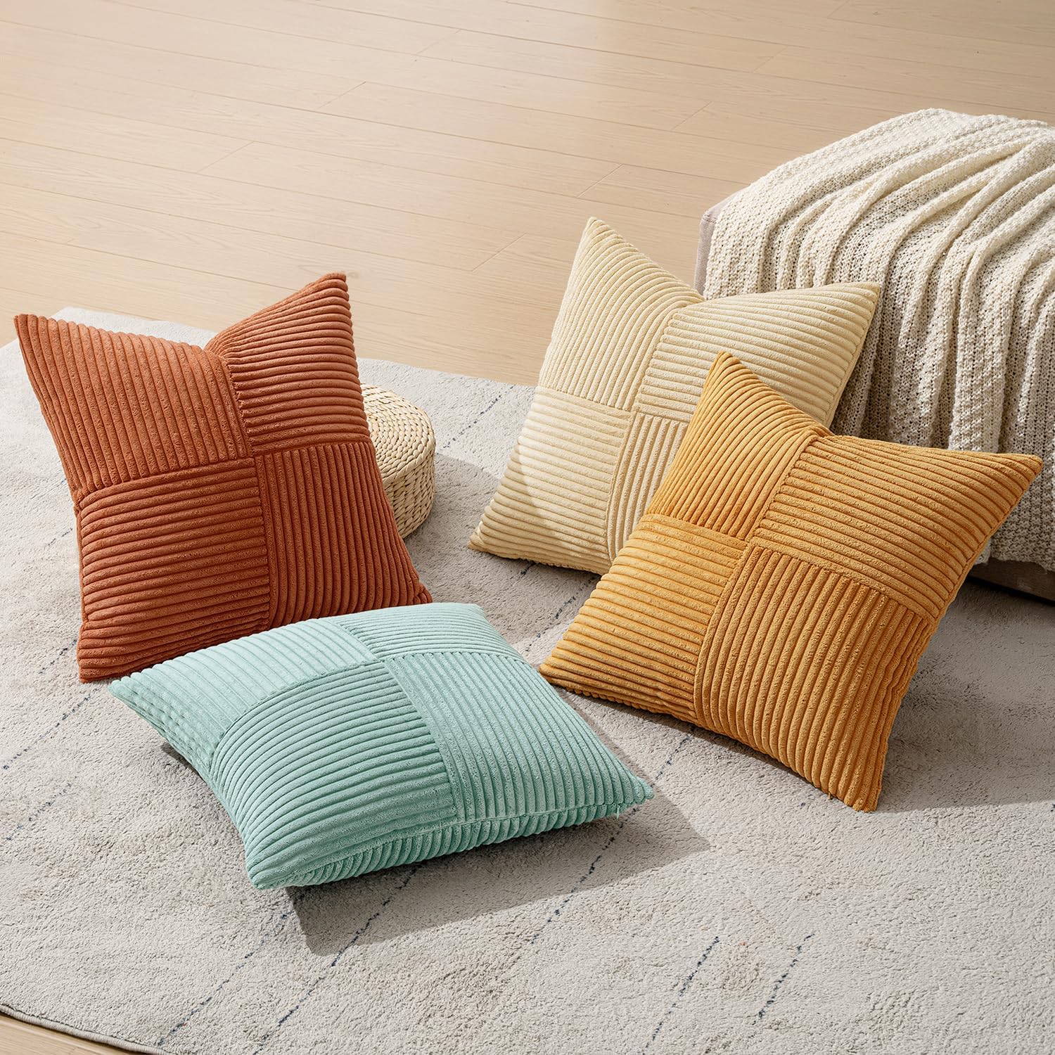 Miulee Boho Farmhouse Decorative Throw Pillow Covers 18x18 Inch 4 Packs Soft Vintage Pillow Cases Modern Corduroy Patchwork Cushion Covers…