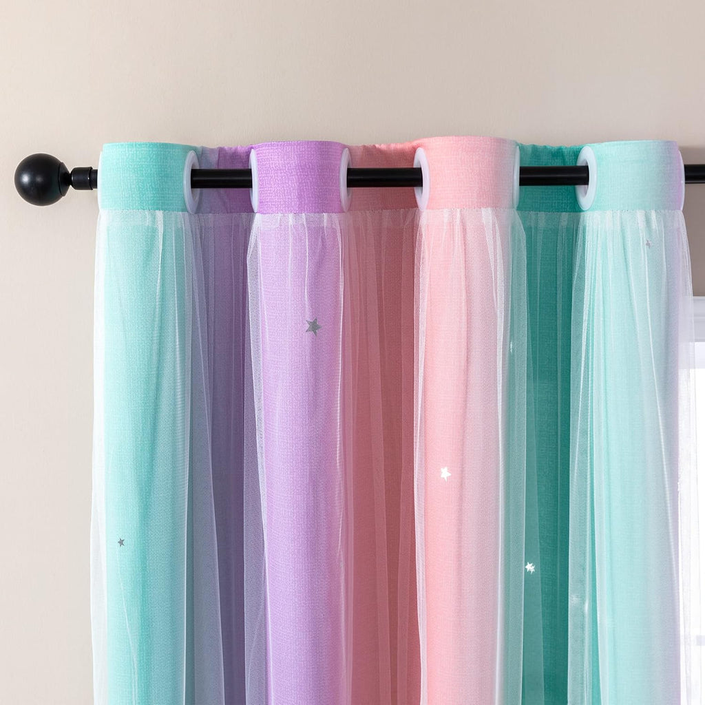 Addsomecolortolife XiDi Curtains for Bedroom Decor, Rainbow Blackout Curtains for Kids Room, Unicorn Wall Decals Pink Curtains Pink Purple…