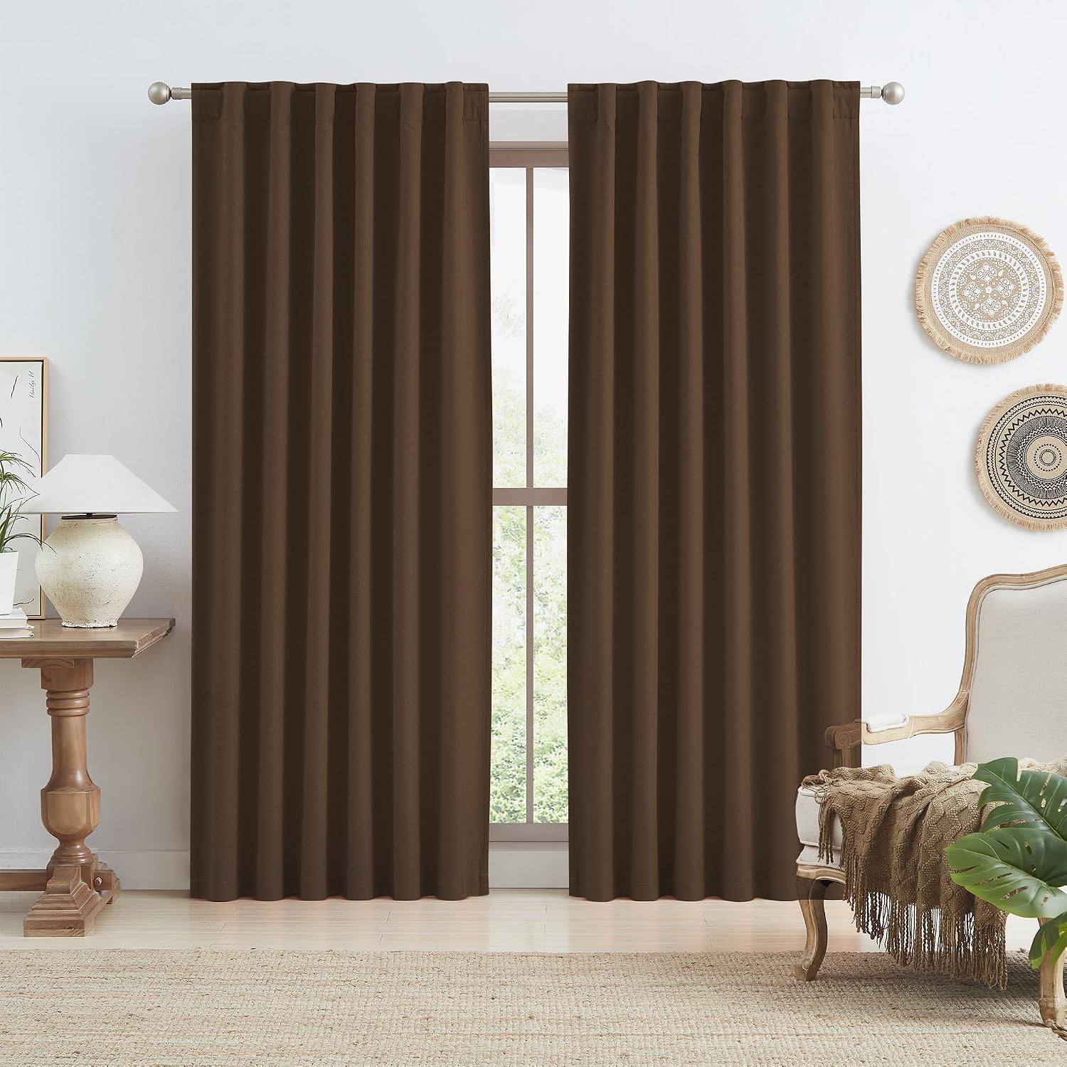 Keqiaosuocai 90 Inch Linen Blackout Curtains 2 Panels Set, 100% Black Out Thermal Insulated Canvas Look Curtain Drapes Chocolate Brown 50 W…