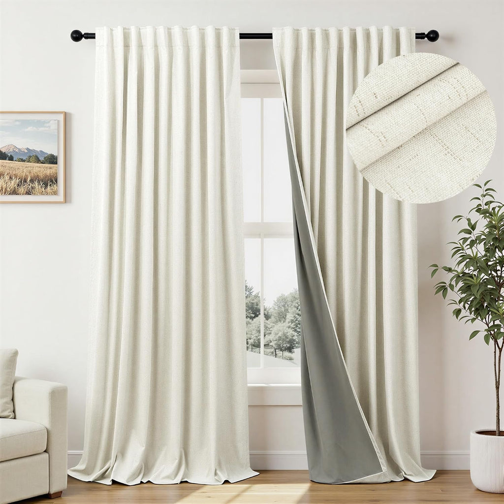 Pitalk Cream Linen Black Out Curtains 70 Inches Extra Wide for Living Room 2 Panels Back Tab Pocket Pleated Ivory Blackout Bedroom for 72 I…