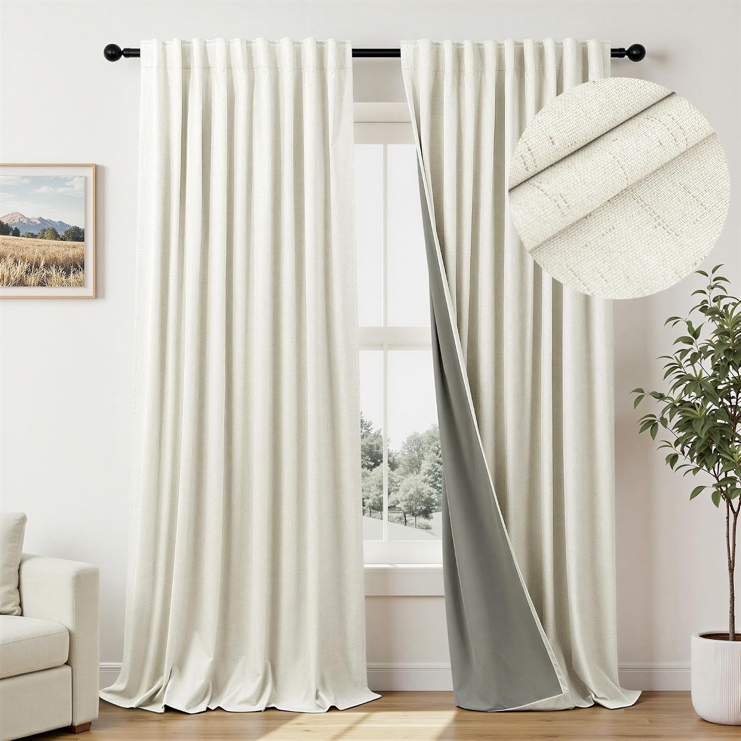 Pitalk Cream Linen Black Out Curtains 70 Inches Extra Wide for Living Room 2 Panels Back Tab Pocket Pleated Ivory Blackout Bedroom for 72 I…