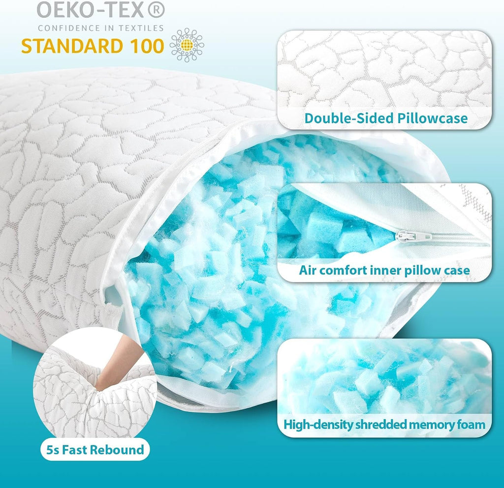 Wgakced Cooling Pillows for Sleeping 2 Pack, Standard Size Adjustable Shredded Memory Foam Pillows, Firm Bed Pillows for Side, Back, Stomac…