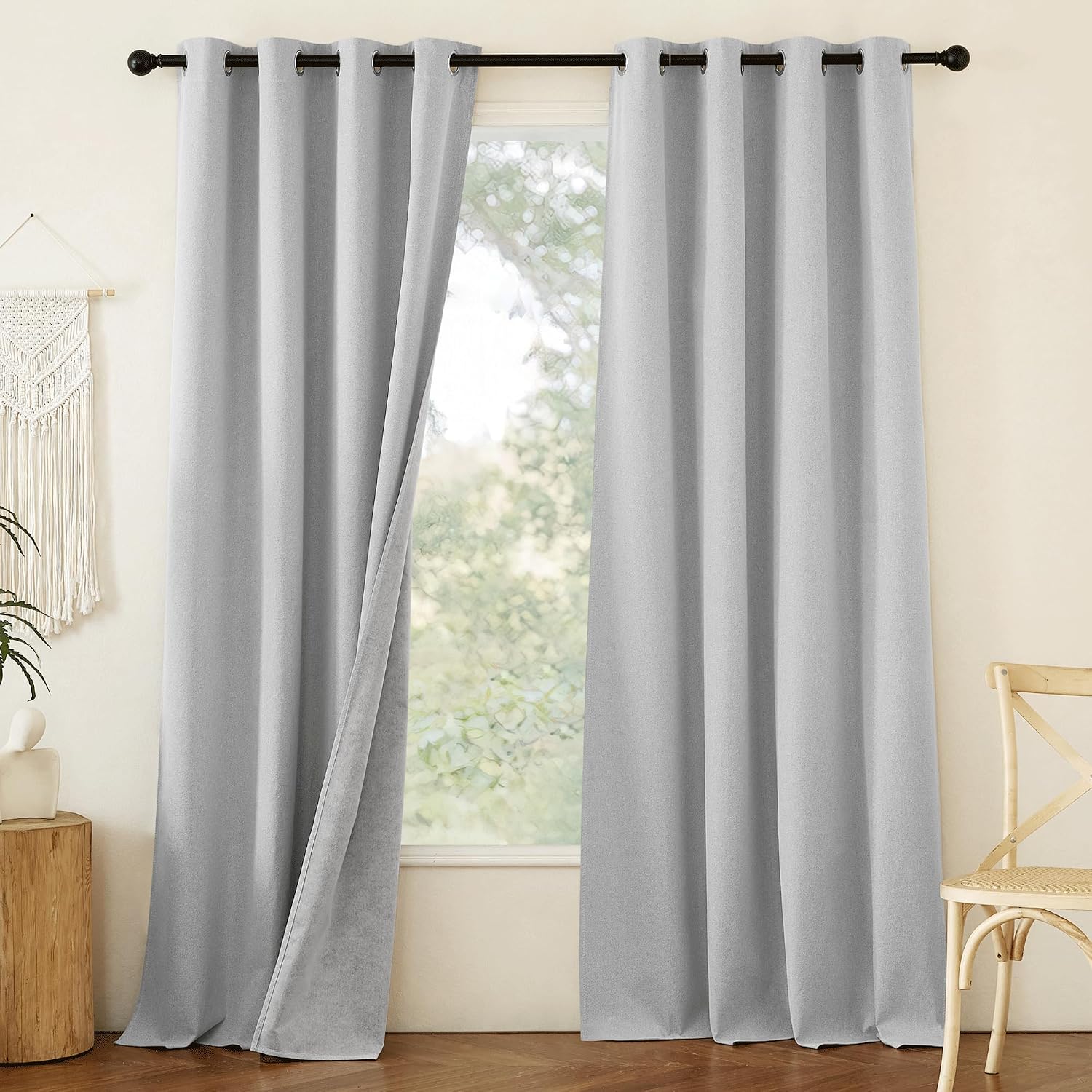 NICETOWN 100% Absolutely Blackout Faux Linen Curtains with Thermal Insulated White Liner, Greyish White, W52, 2 Pieces, Noise Reducing…