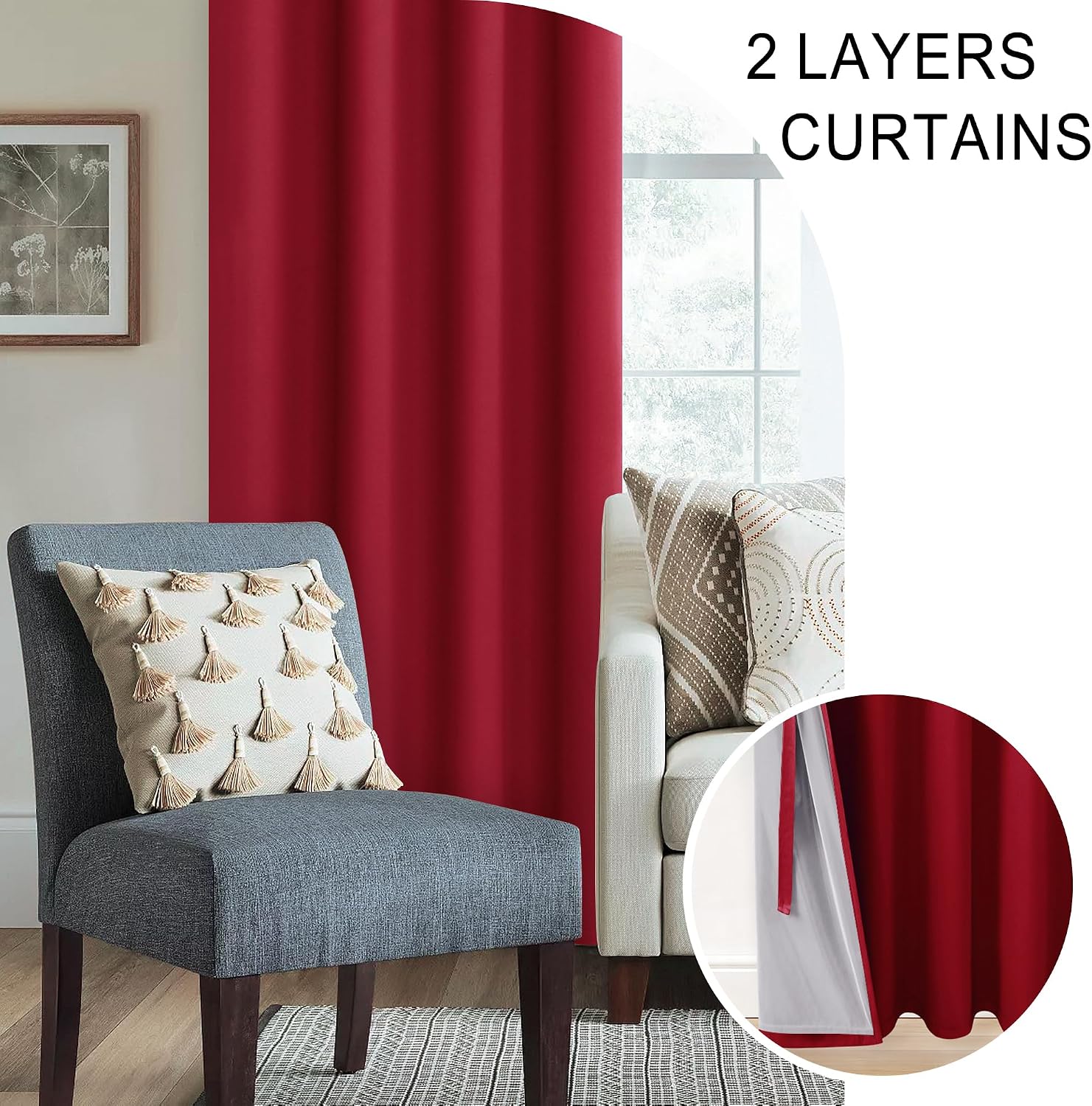 Xwzo 100% Blackout Curtains 72 Inches Length - Heat and Light Blocking Ring Top Window Drapes with Black Liner Backing for Bedroom Sewn wit…