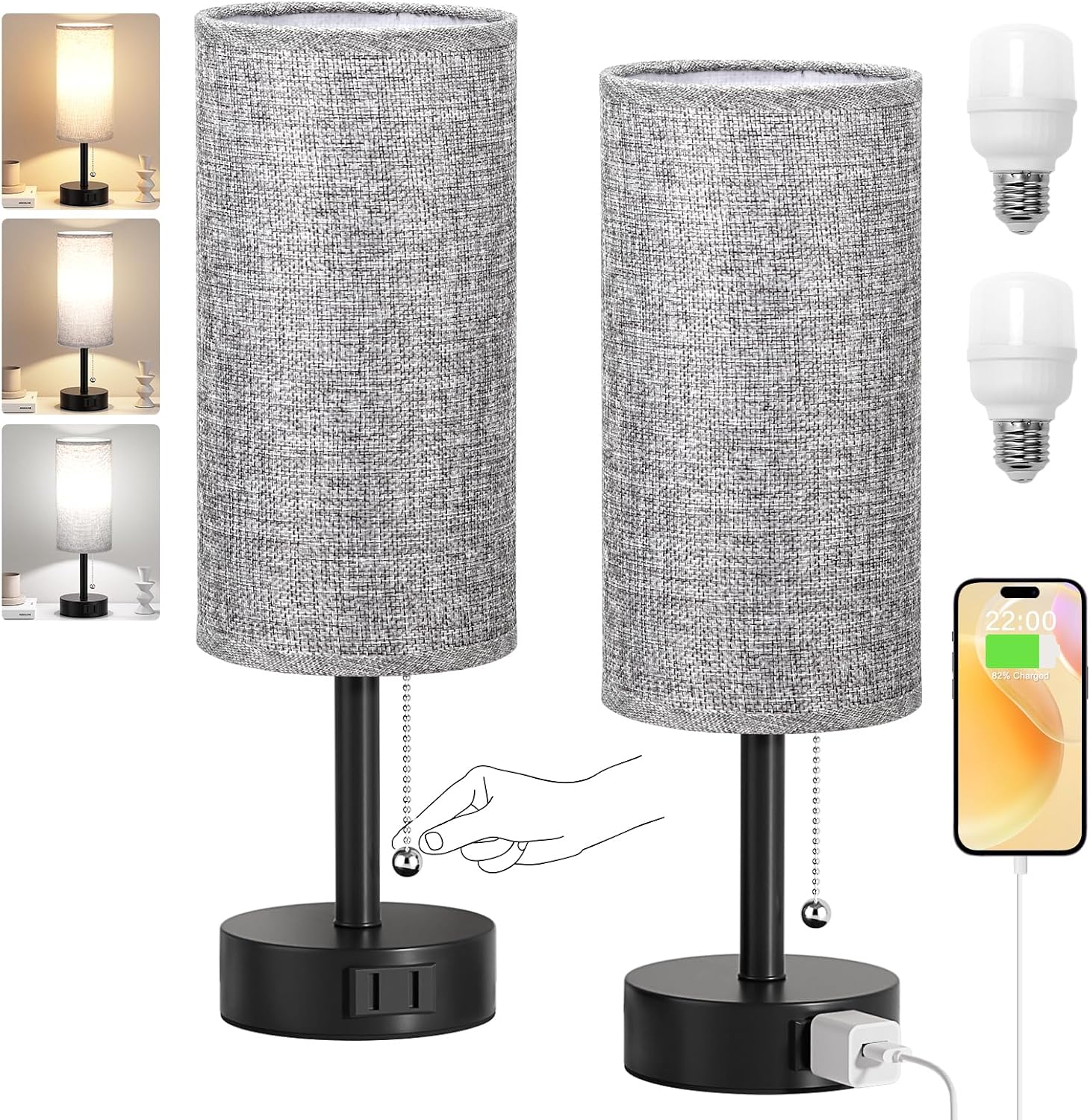Fenmzee Grey Bedside Table Lamps Set of 2-3 Color Temperatures Pull Chain Lamp with AC Outlet Charging Port, Round Night Stand Lamps for…