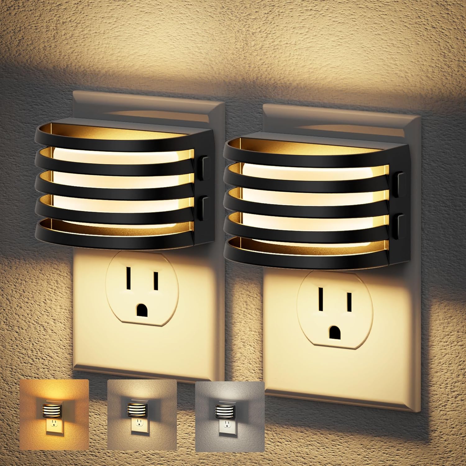 JandCase LED Night Lights Plug into Wall, [2 Pack] Night Light with 3 Colors 3000K-5000K-Amber, 3 Level Brightness Adjustable Plug in…