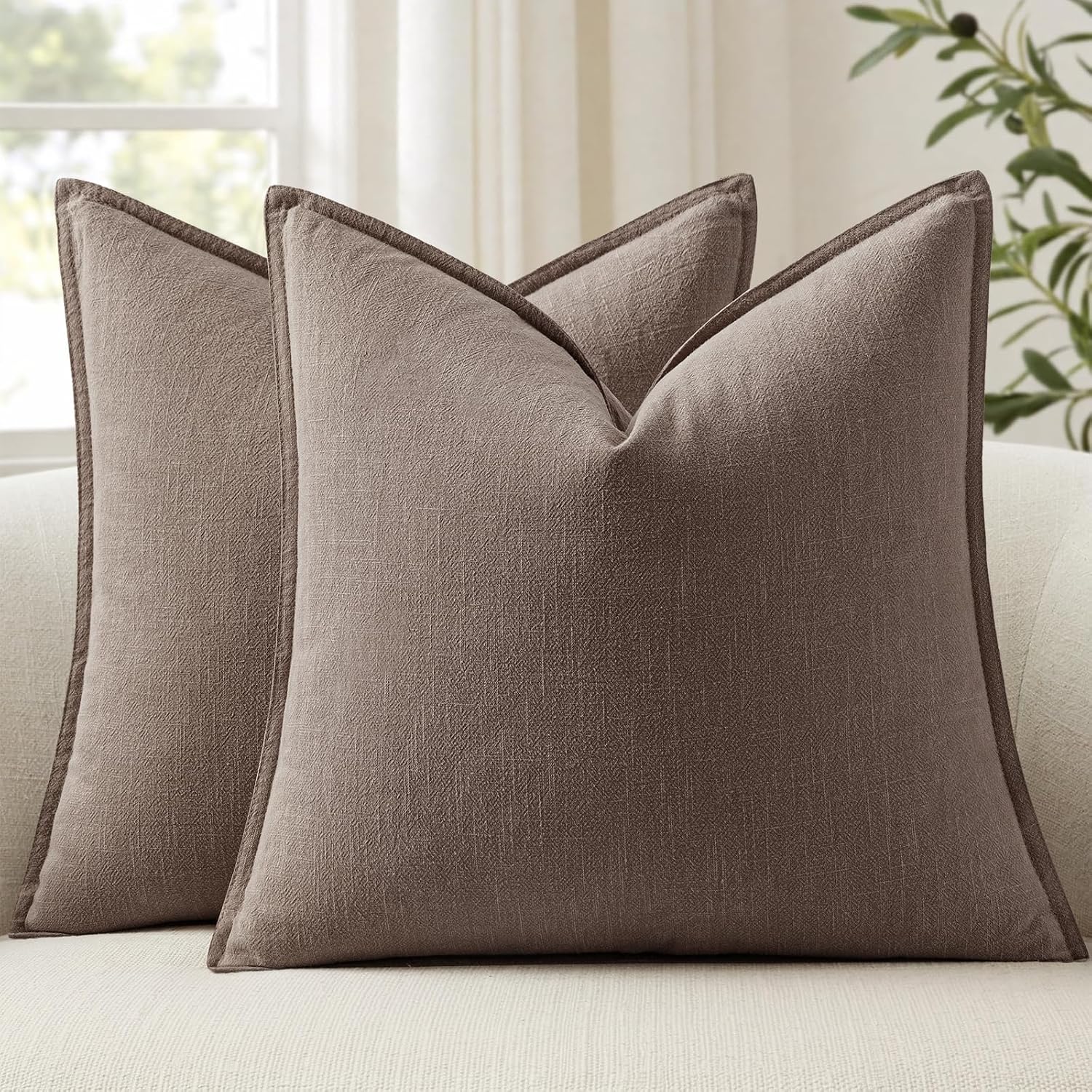 Anroduo Pack of 2 Decorative Linen Pillow Covers Light Taupe Neutral Farmhouse Boho Soild Cushion Case Soft Accent Pillowcase for Couch Sof…