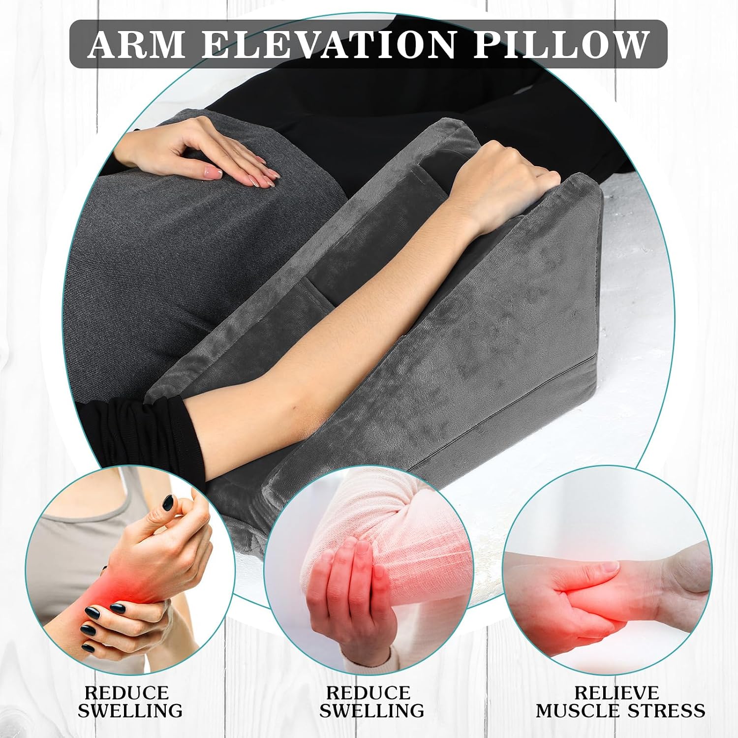 Buryeah Dark Gray Arm Elevation Pillow with 2 Pockets, Soft Ergonomic Support Pillow for Elbow Rest Wedge Broken Arm Elbow Gifts with High…