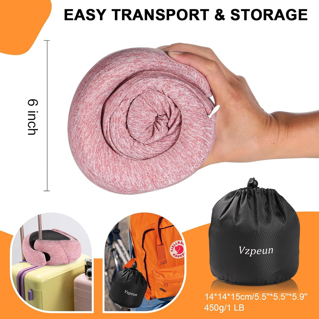 Vzpeun Travel Pillow - Hooded Neck Pillow Airplane Memory Foam Filling for Plane, Cars Sleeping, Road Trip, Long Flights, Portable Plane Ac…