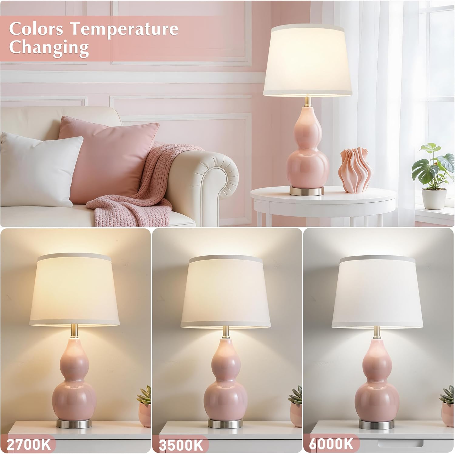 WelcomeGyroVu GyroVu 22" Table Lamp Set of 2, Color Temperature Adjustable Double Gourd Ceramic Lamps Classic Nightstand Table Lamps for Be…