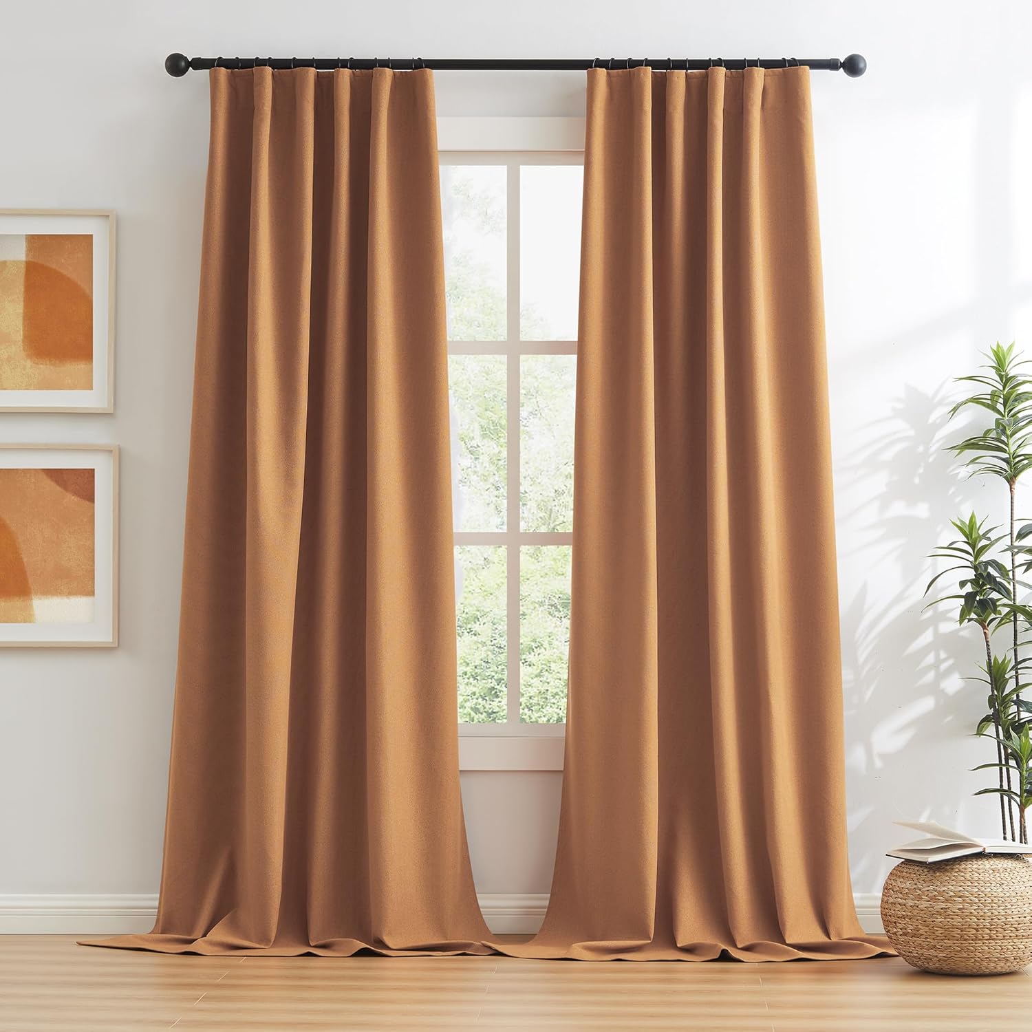Keqiaosuocai Extra Long Burnt Orange Blackout Linen Curtains 2 Panels Set 120 Inch Length for Living Room and Bedroom - Hook Belt Back Tab…