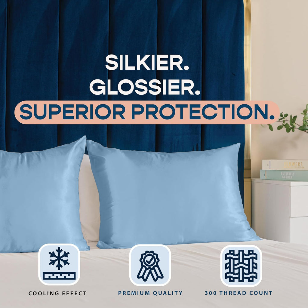 BLISSFORD Luxury Satin Pillowcase for Hair – King Satin Pillowcase with Zipper, Jewel Blue (Pillowcase Set of 2)