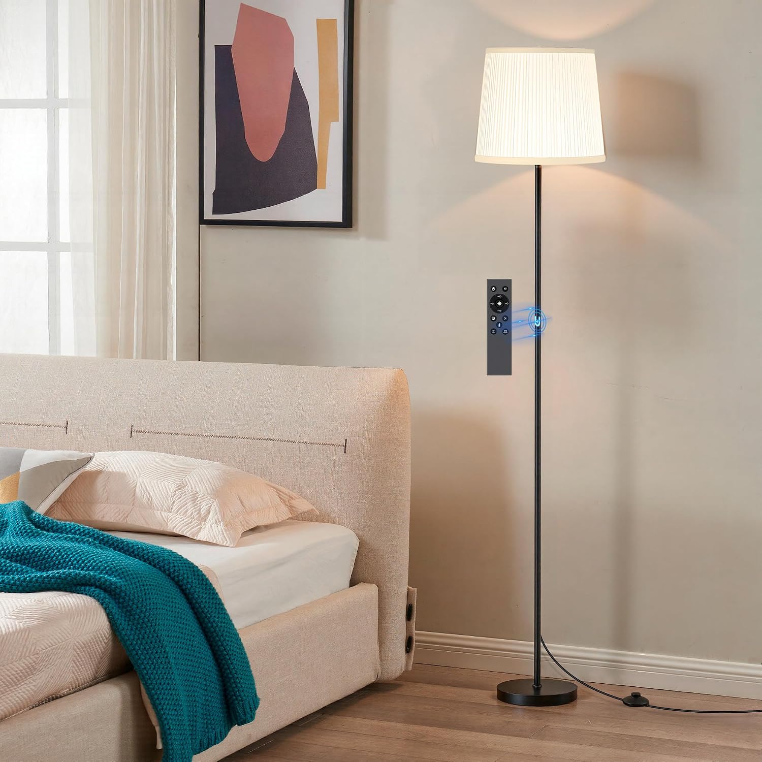Sibrille Floor Lamp with Pleated Shade, 62" LED Dimmable Standing Lamp with Remote & Foot Switch, Color Options, 9W E26 Bulb Included, Mode…