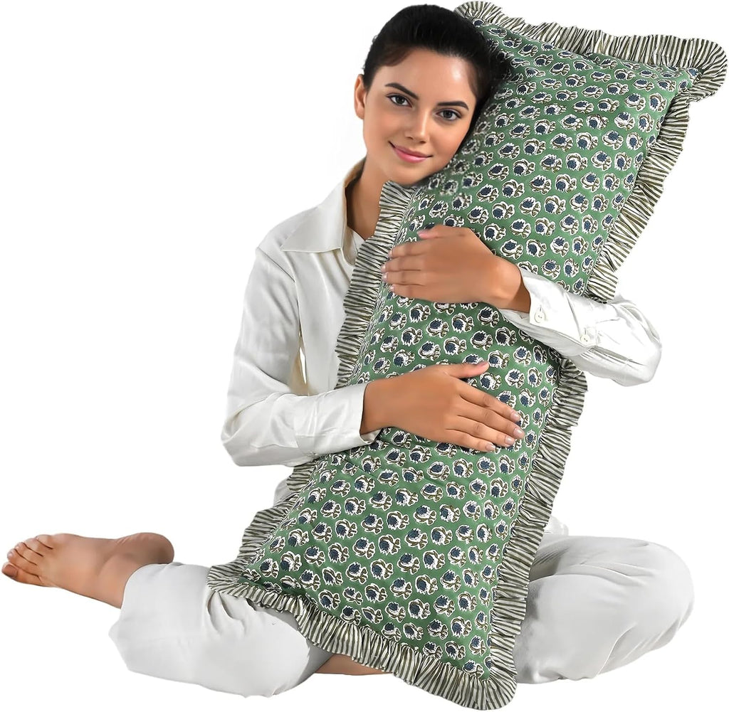 Ridhi Block Print Basil Green 36"x14" Set 1-100% Cotton Ruffle Lumbar Sham Cover Boho Floral Pillowcase, Farmhouse Cottagecore Bedding…