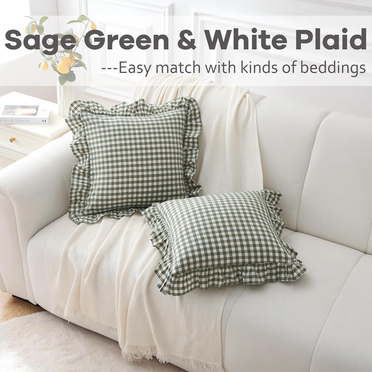 Kmasaniji 2 Pack Sage Green Plaid Ruffle Gingham Throw Pillow Covers, 100% Washed Cotton Checkered Farmhouse Decorative Pillow Shams for Be…
