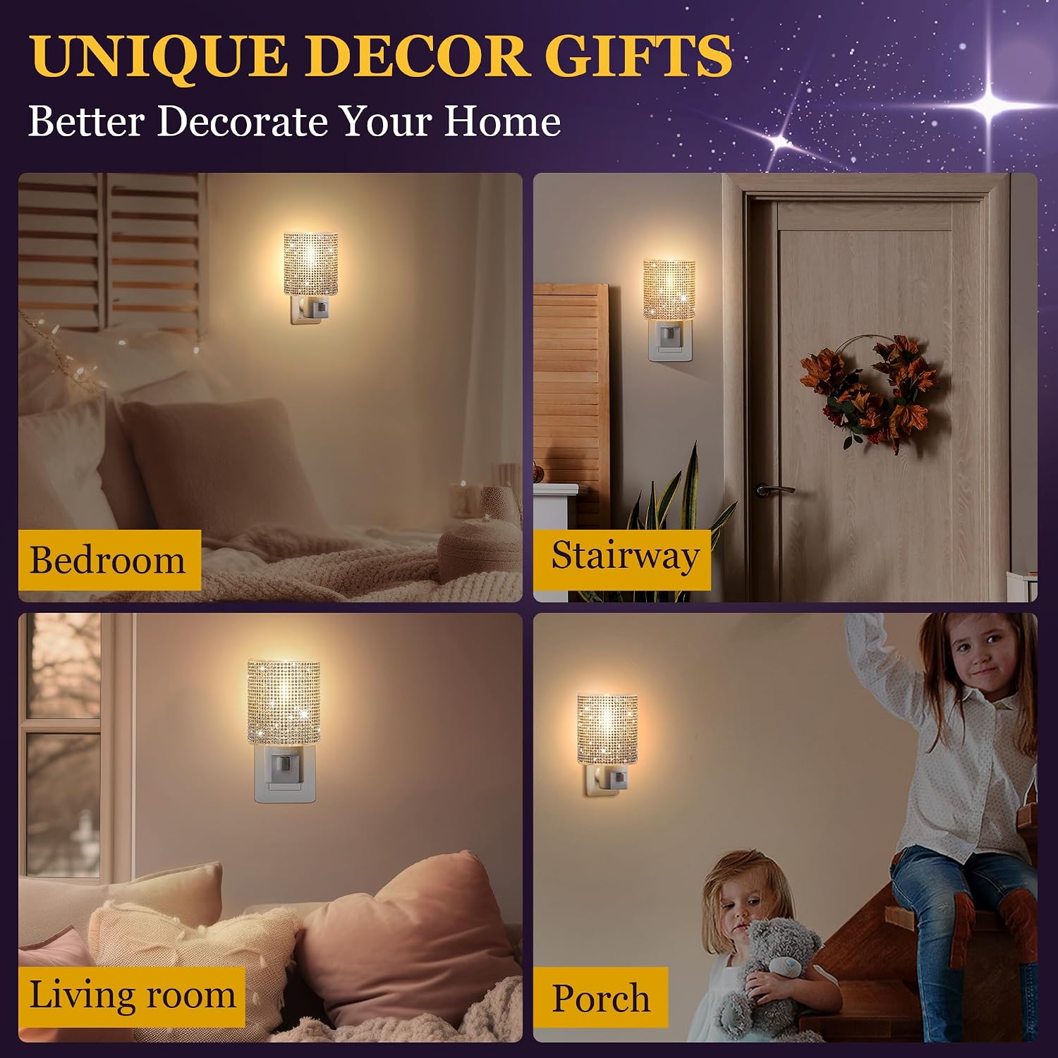 Crystal LED Night Light Plug into Wall, Decorative Plug in Night Light with Manual On/Off Switch and 360° Rotating Plugs, Warm White…