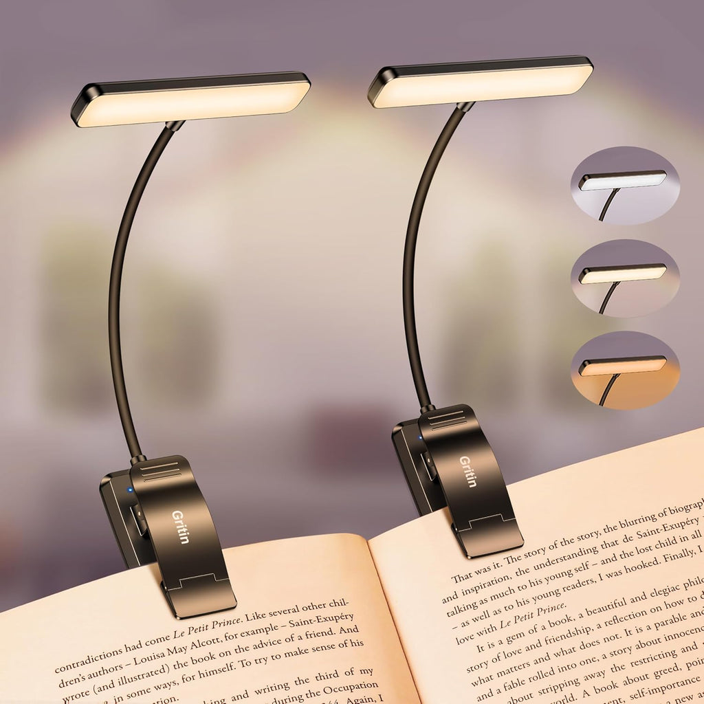 Gritin 2 Pack 19 LED Rechargeable Book Light for Reading in Bed with Memory Function-Eye Caring 3 Color Temperatures, Stepless Dimming…