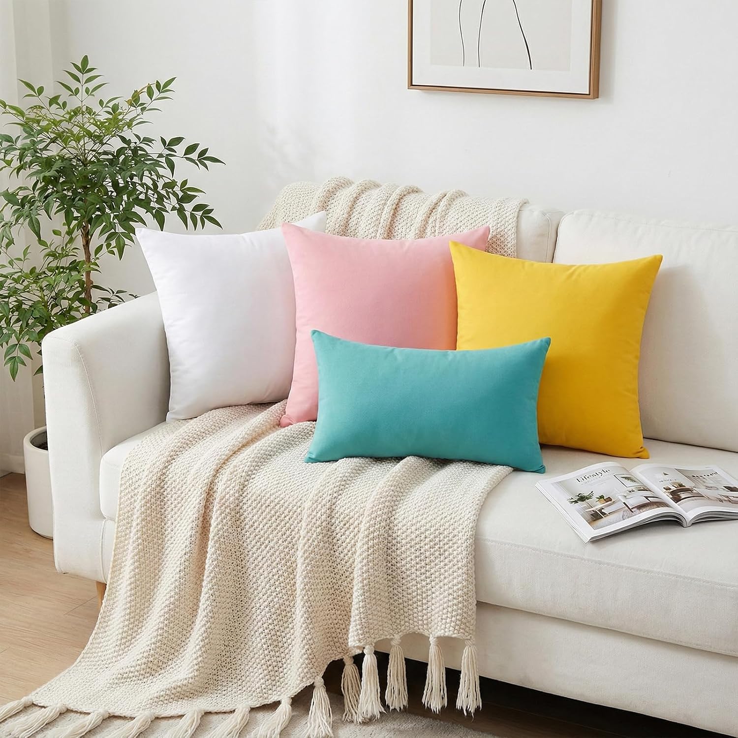 Thmyo 4-Pack 100% Cotton Lumbar Comfortable Solid Decorative Throw Pillow Case, Thmyo Rectangle Cushion Cover Pillowcase Sublimation Blank P…