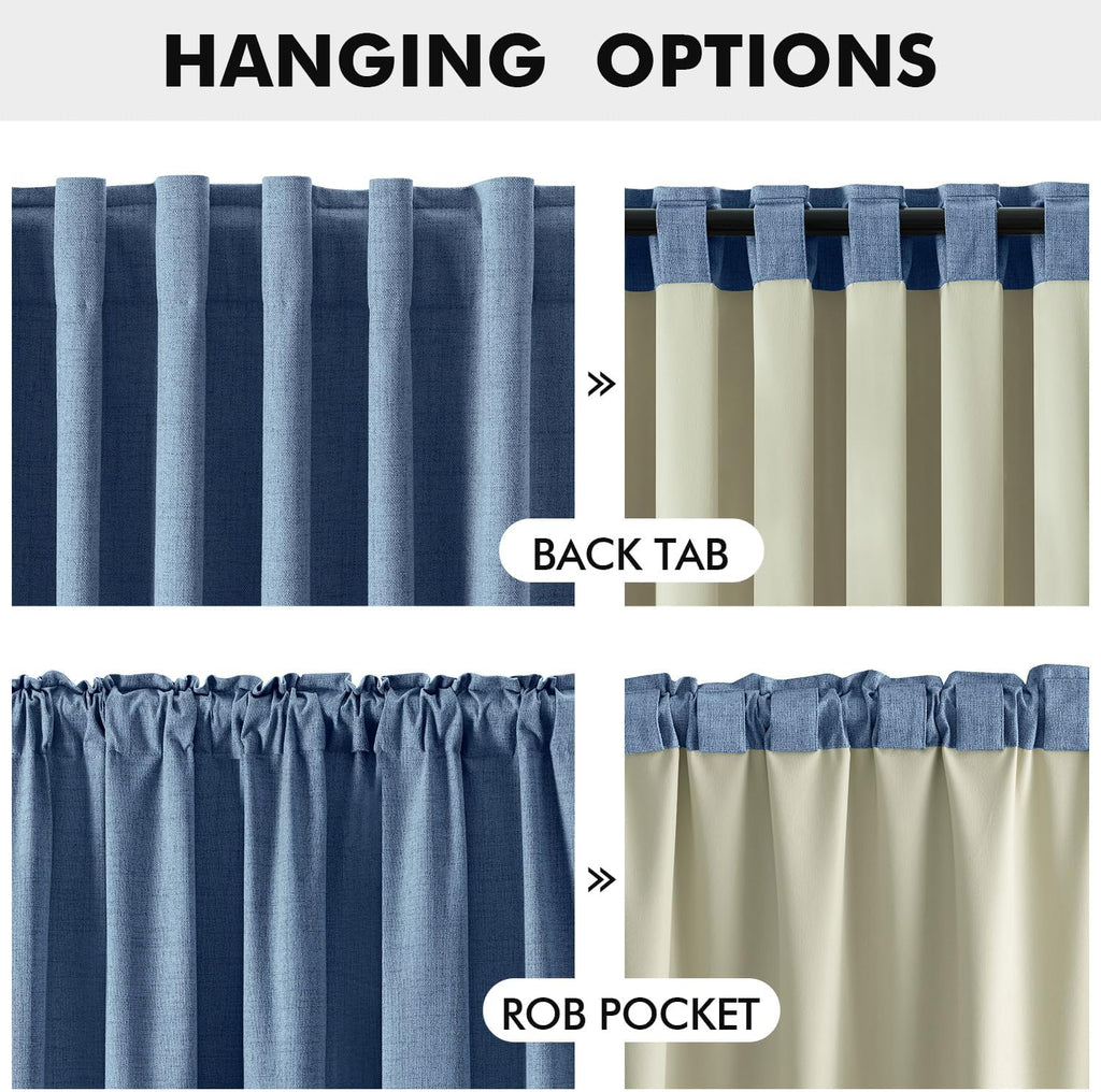 Miulee 100% Blackout Linen Curtains for Bedroom, Blue Solid Luxury Decor Thermal Insulation Room Darkening Drapes for Living Room Nursery B…