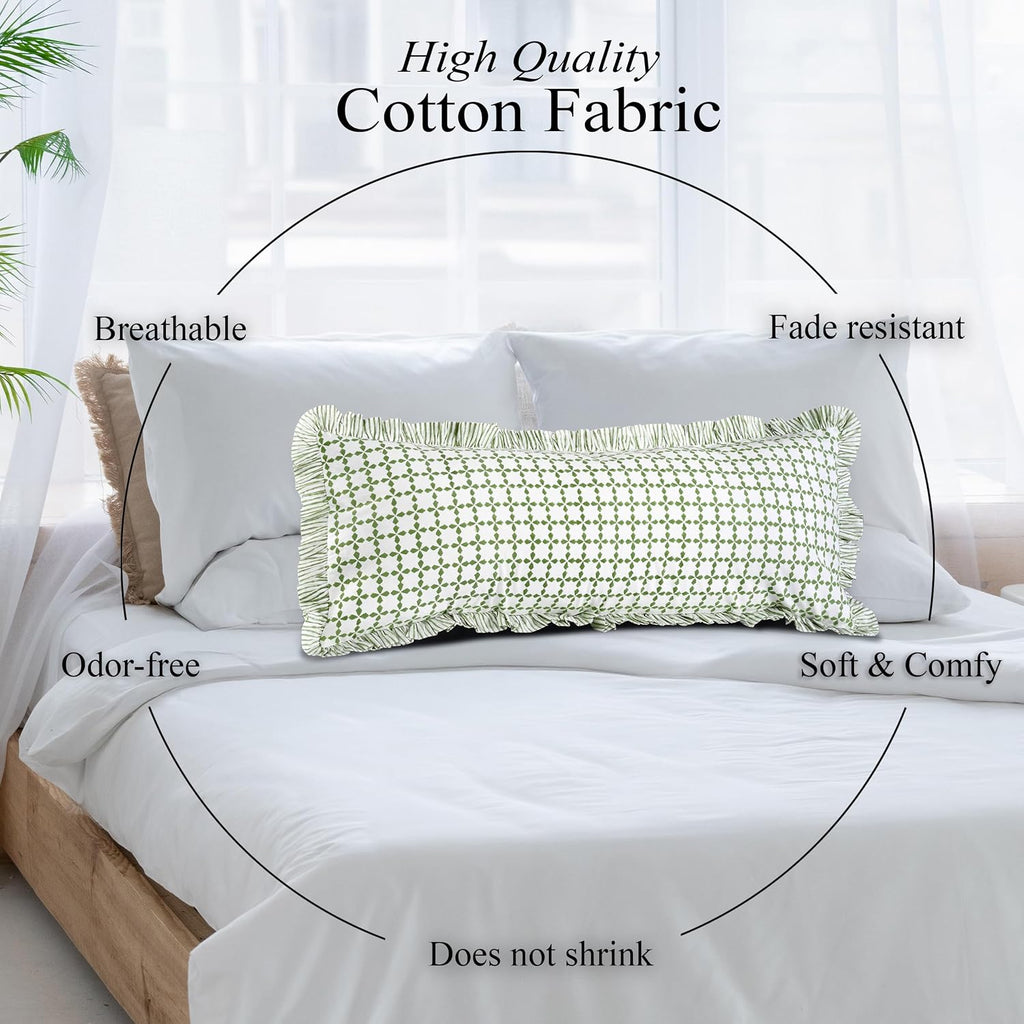 Cottonprintclub CPC Hand Block Print Kelly Green Ruffle Sham Pillow Cover 36" x 14" inch Hidden Zipper Decorative Pillowcase for Couch, Bed…