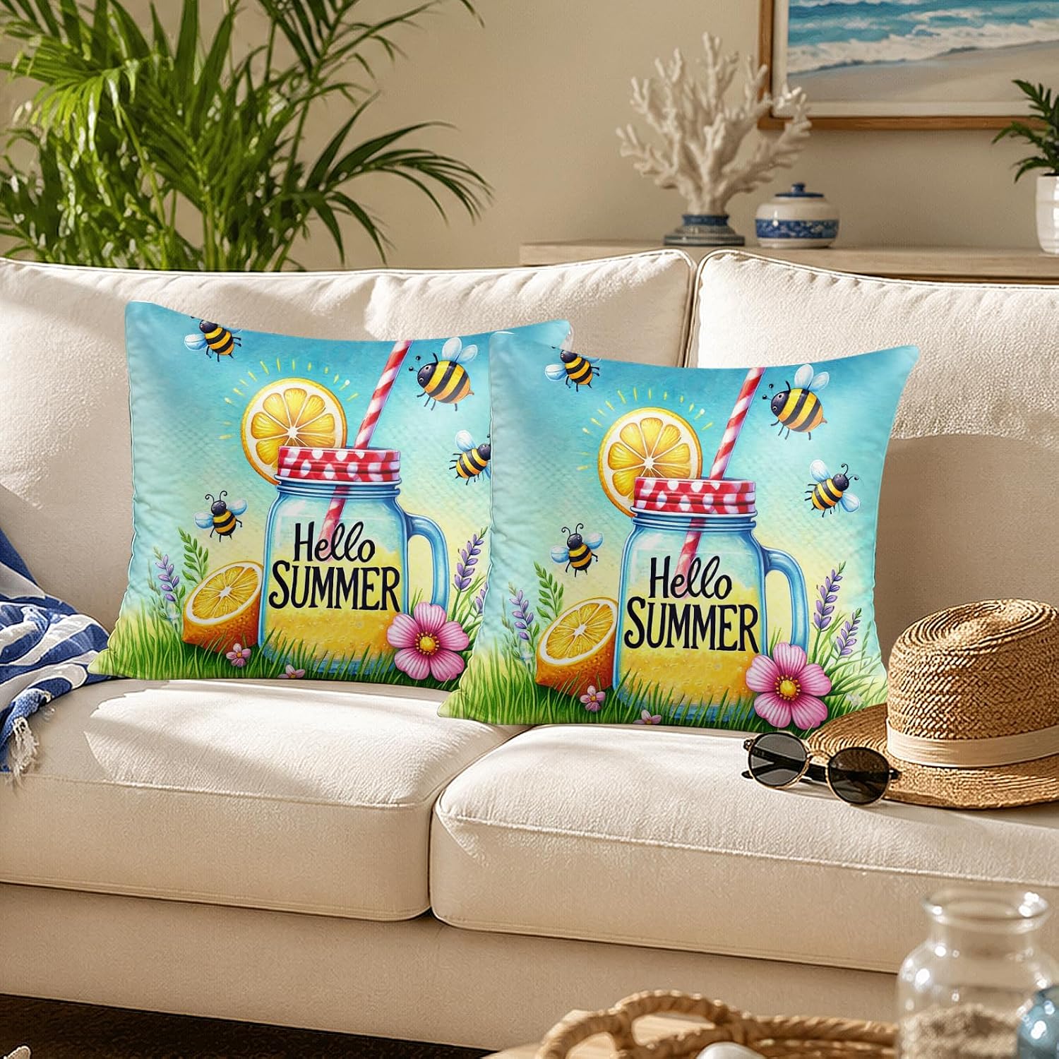 BlissYard Hello Summer Lemon Throw Pillow Covers 18x18 Set of 2 Decorative Pillow Covers Bee Lemonade Summer Cushion Covers Farmhouse…