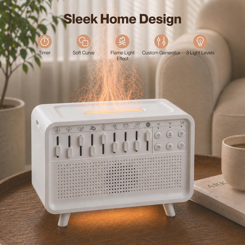 SLhoshipee White Noise Machine with 8 Mixable Nature Sounds, Flame Light & Aroma Diffuser – Desktop Sound Machine for Sleep, Office,…