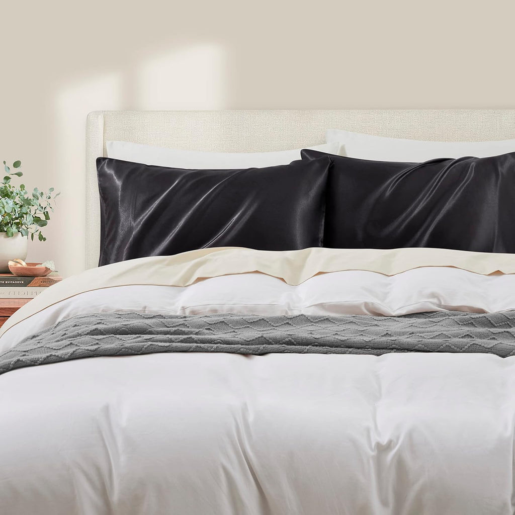 HommxJF Black Satin Pillowcase Standard Set of 2 with Envelope Closure, Black Silk Pillowcase for Hair and Skin (20x26) Black