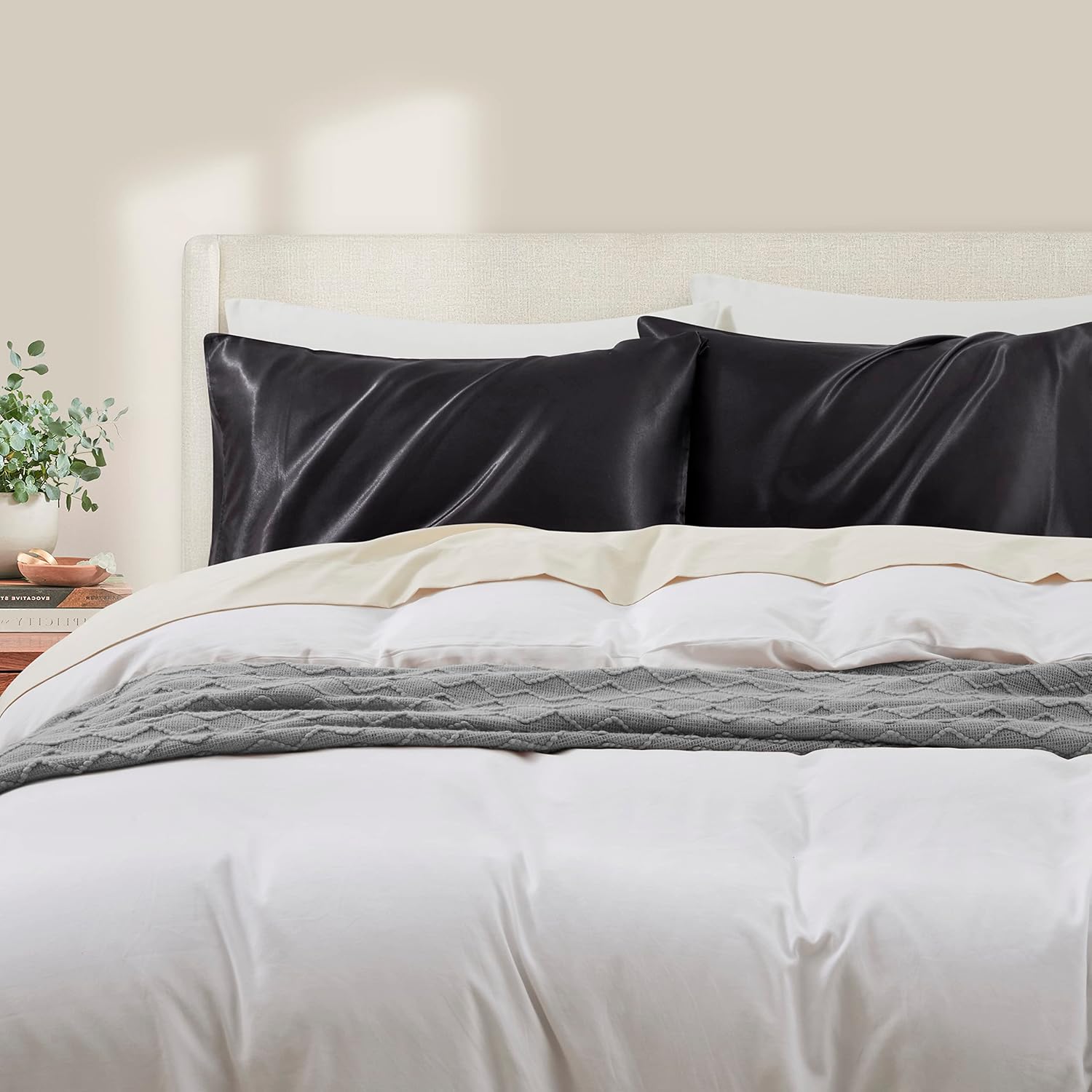 HommxJF Black Satin Pillowcase Standard Set of 2 with Envelope Closure, Black Silk Pillowcase for Hair and Skin (20x26) Black