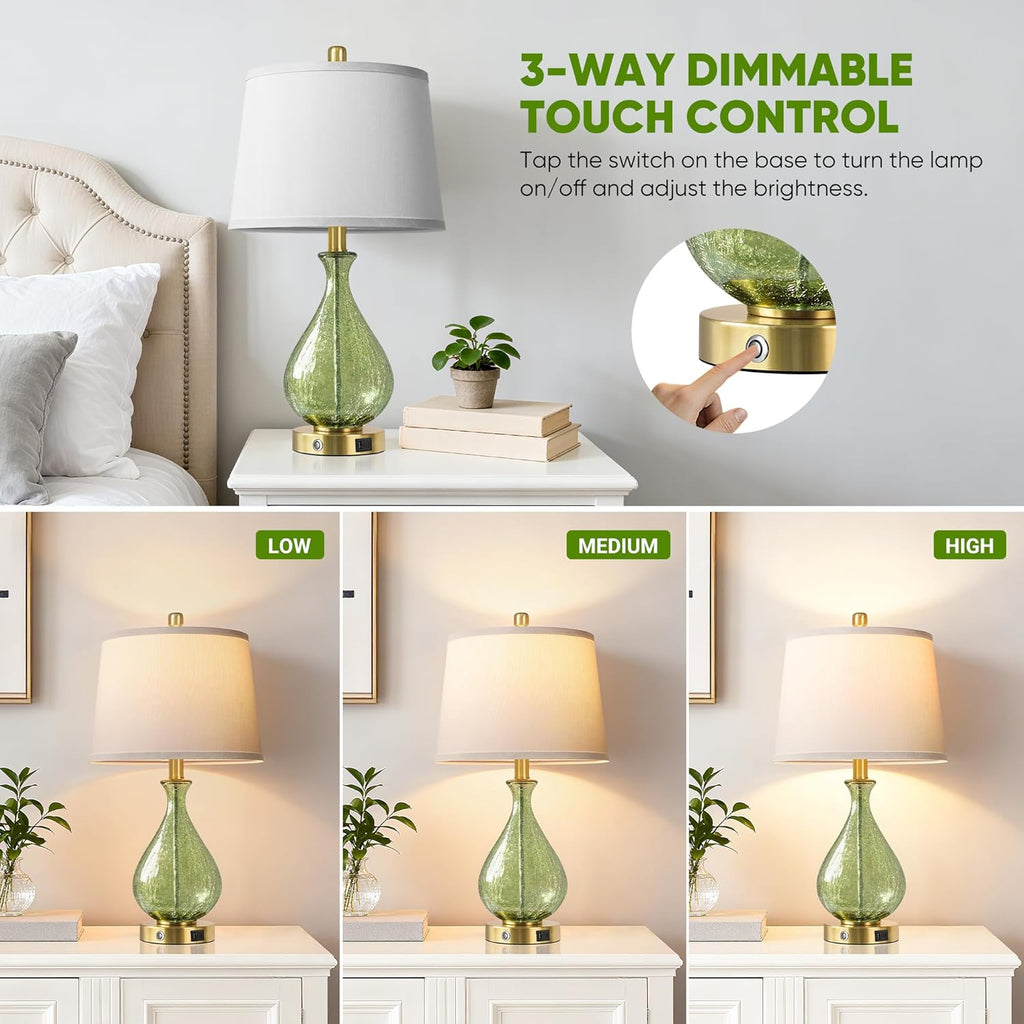 QiMH Green Glass Table Lamps for Living Room, Bedside Lamps Set of 2 with USB A+C Charging Ports, 3 Way Dimmable Touch Lamps for…