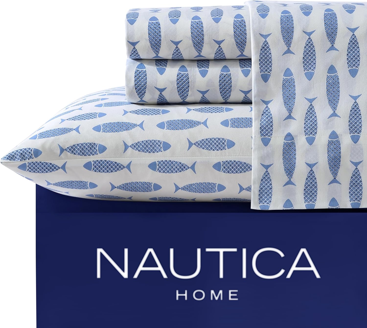 Nautica King Sheet Set, Cotton Percale Bedding Set, Crisp & Cool, Stylish Home Decor (Woodblock Fish Blue, King) Cotton Blue
