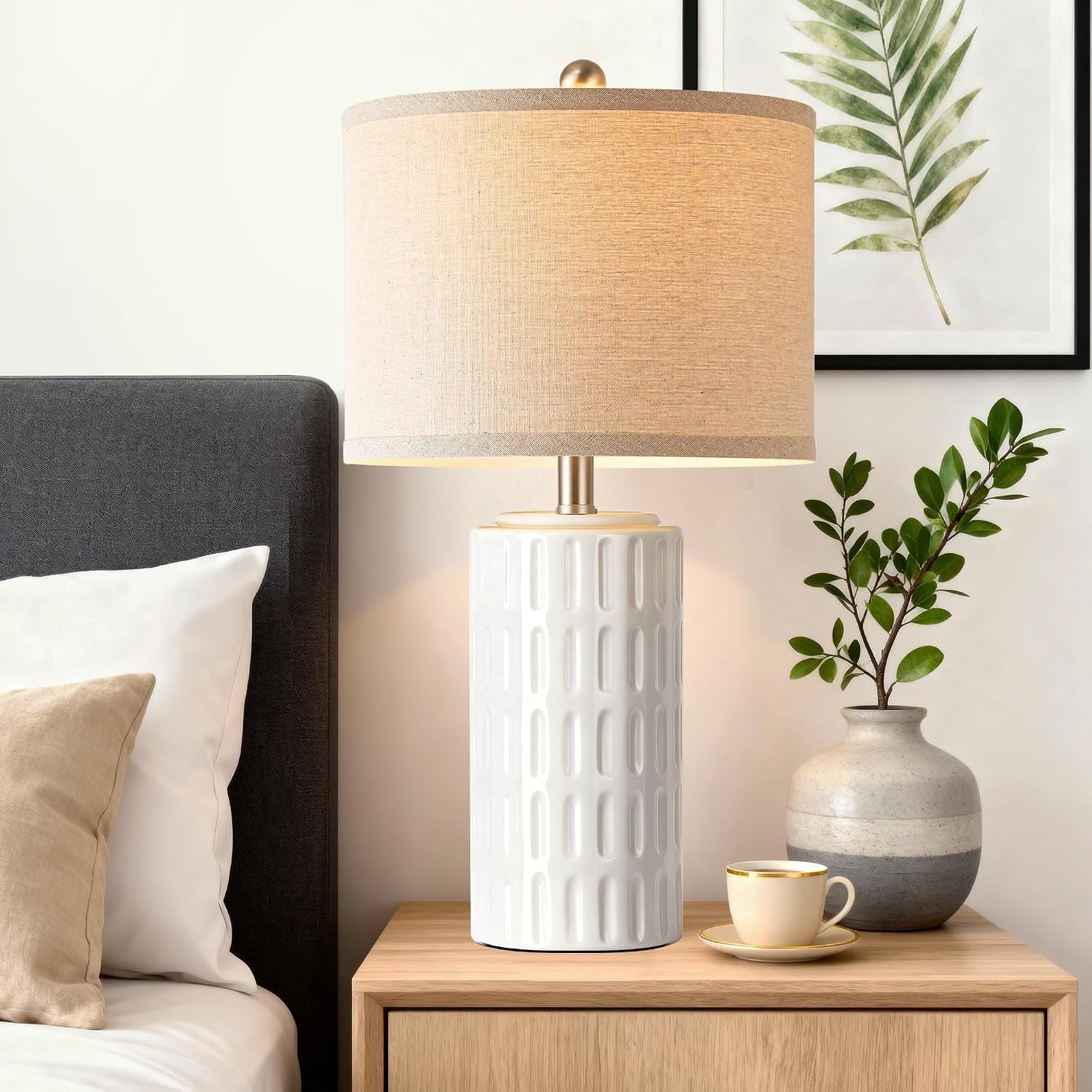 PARTPHONER 23" Farmhouse Modern Ceramic Table Lamp Set of 2 - White Bedside Lamps for Bedroom & Living Room, Nightstand, Desk, End Table