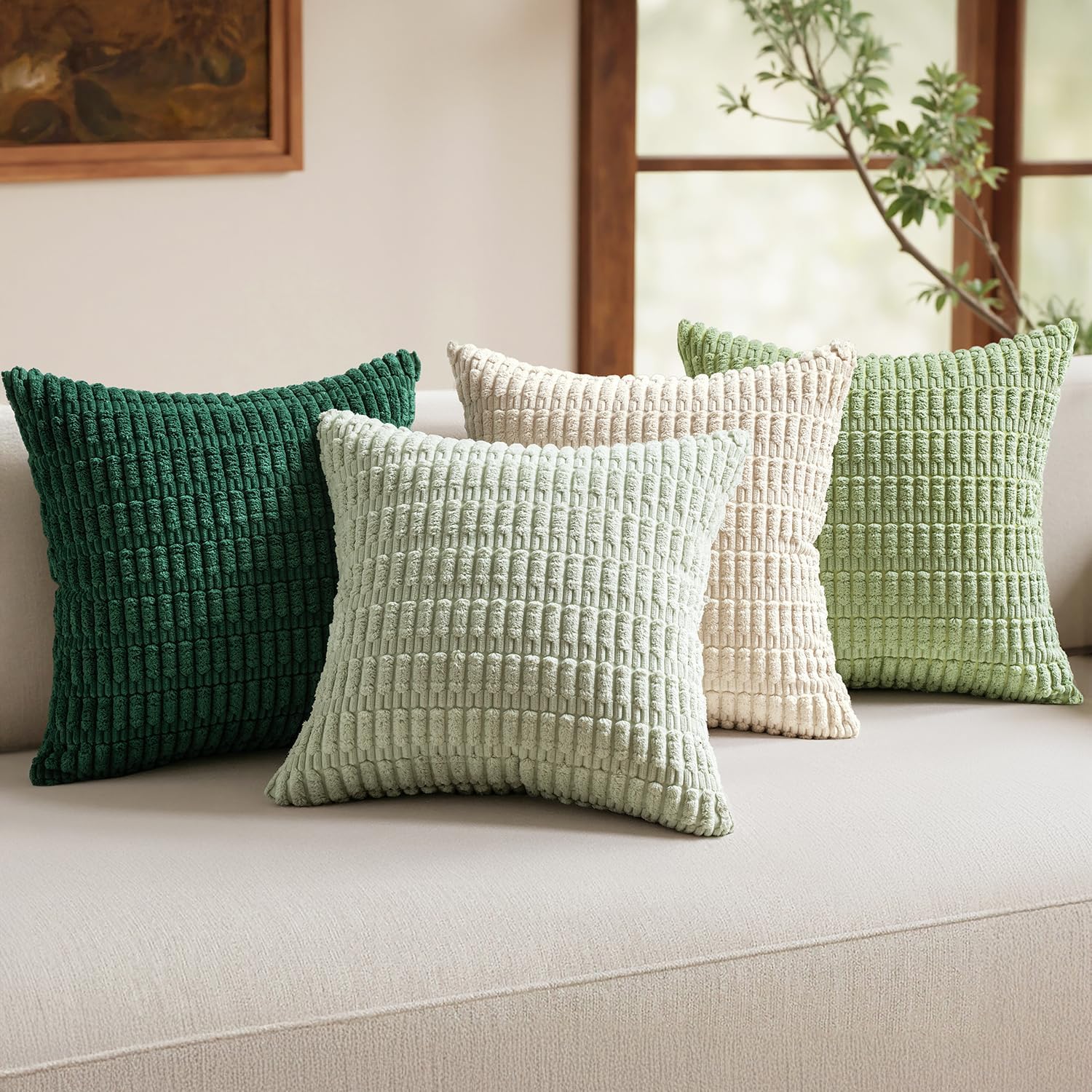Miulee Pack of 4 Summer Neutral Corduroy Decorative Throw Pillow Covers 20x20 Inch Farmhouse Boho Rustic Soft Striped Pillow Covers Home De…