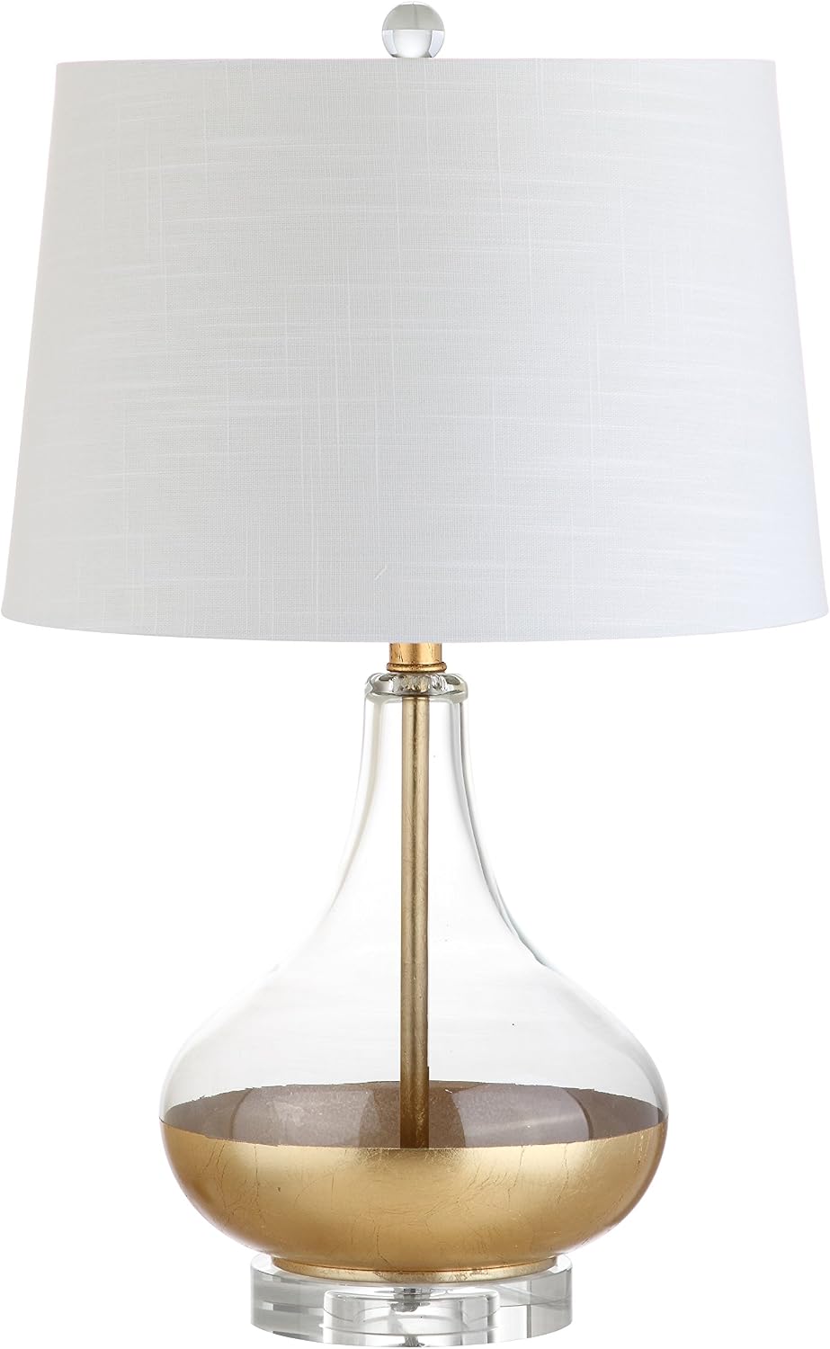 JONATHAN Y 24.5" Gold Painted Glass Table Lamp, Modern Glam Teardrop Nightstand Lamp with White Linen Drum Shade and Crystal Base, UL…