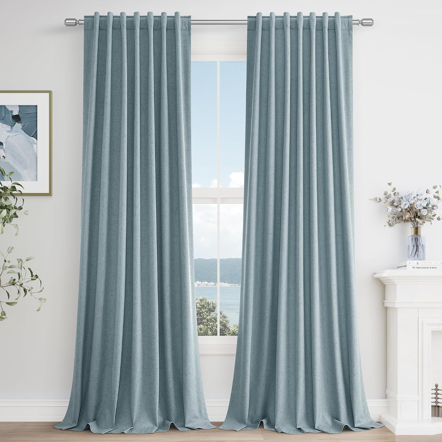 Guken Blue 100% Blackout Linen Curtains 126 Inch Length 2 Panels Set for Living Room Bedroom Back Tab Thermal Insulated Black Out Drapes Ro…