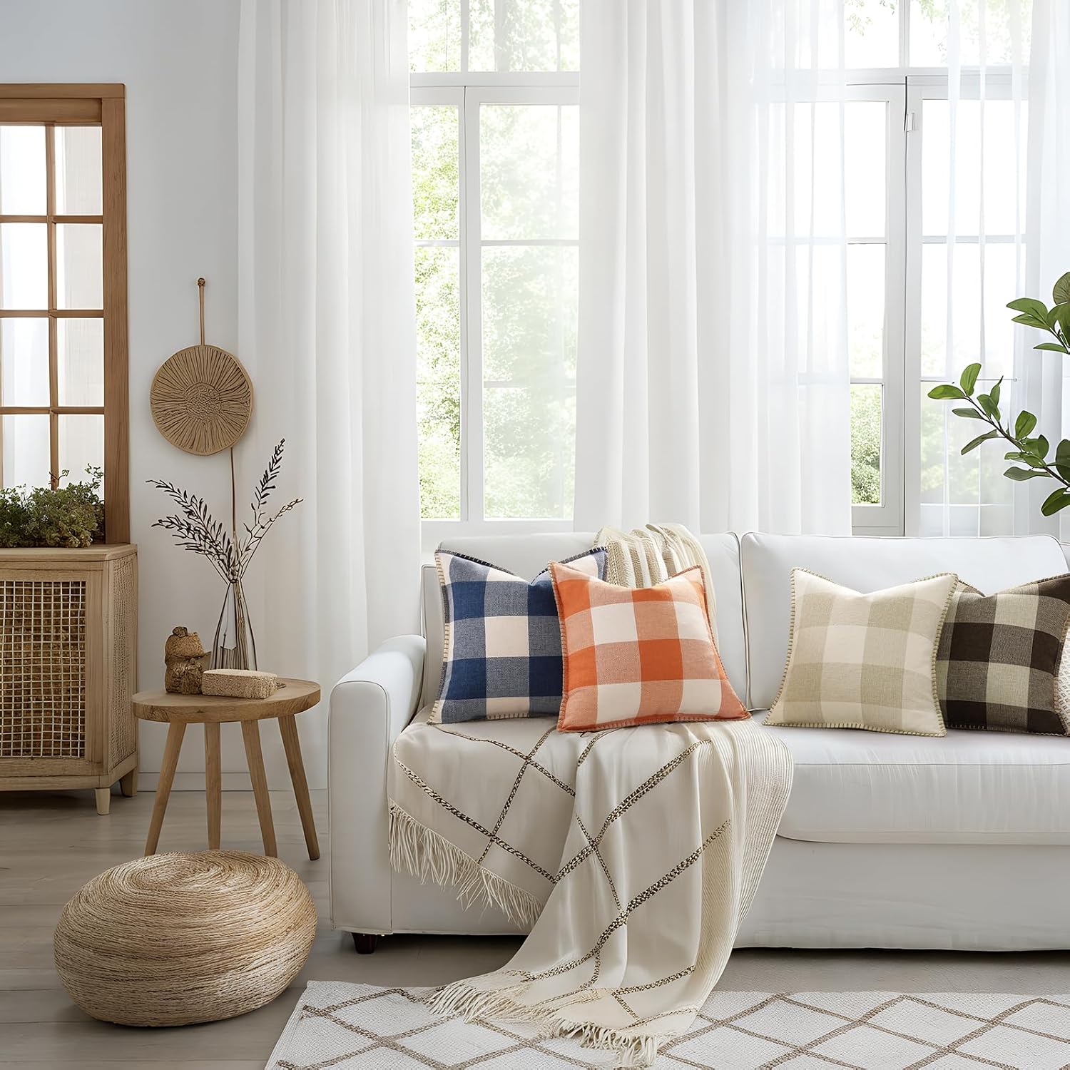 decorUhome Summer Buffalo Plaid Check Throw Pillow Covers 22x22 Set of 2 Outdoor Linen Decorative Farmhouse Gingham Euro Sham Pillow Covers…