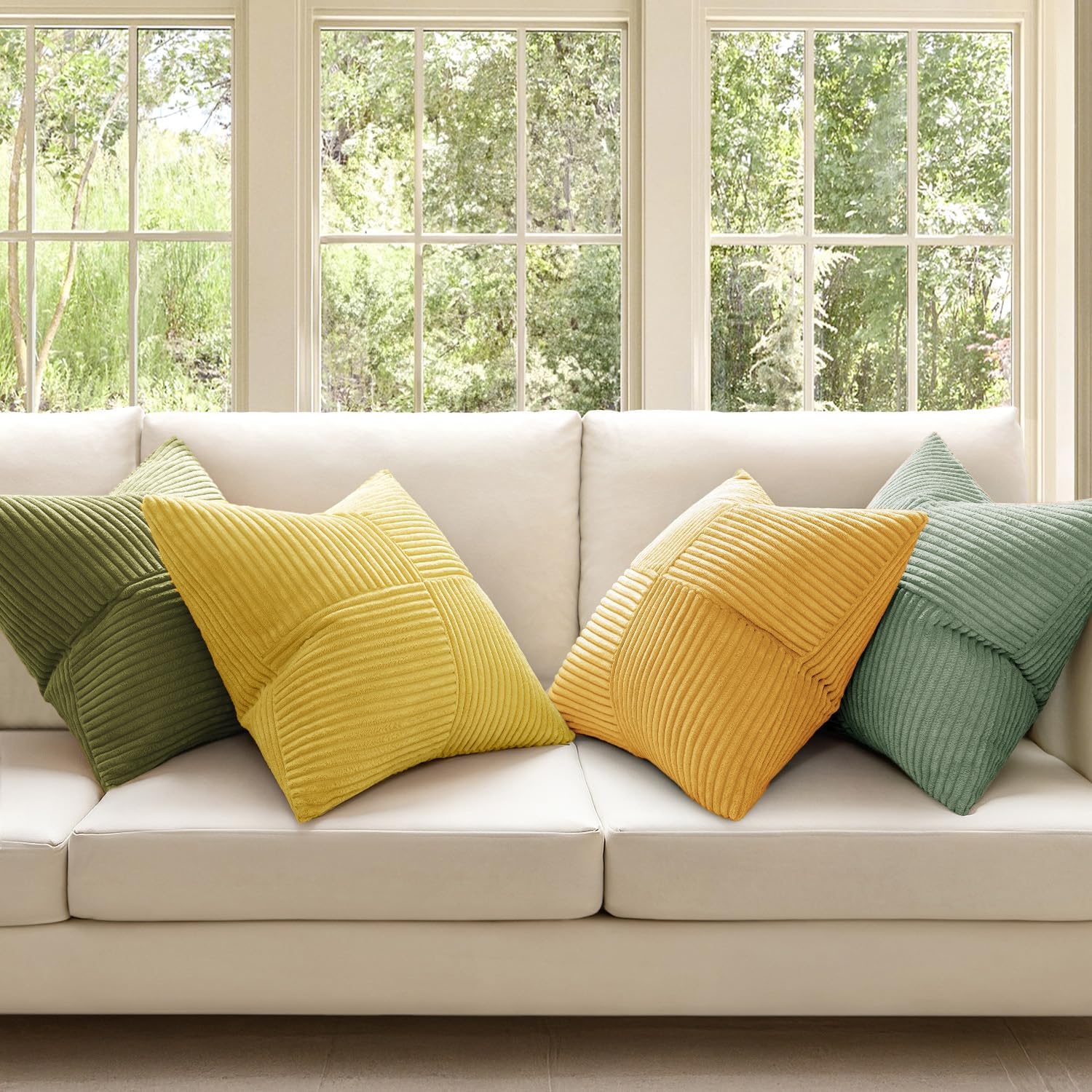 Miulee Boho Farmhouse Spring Decorative Throw Pillow Covers 20x20 Inch 4 Packs Soft Vintage Pillow Cases Modern Corduroy Patchwork Cushion…