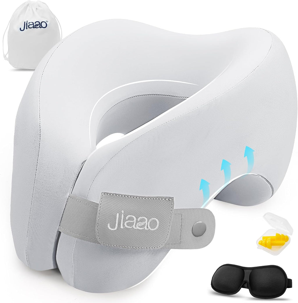 jiaao Memory Foam Neck Pillow for Travel & Airplanes, Adjustable Travel Pillow for Long Flights & Road Trips, Includes Eye Mask…