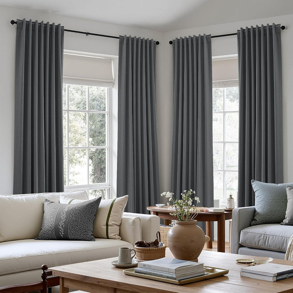 Guken 100% Blackout Curtains 96 Inch Length 2 Panels Set for Living Room Bedroom Back Tab Thermal Insulated Black Out Linen Drapes Room Dar…
