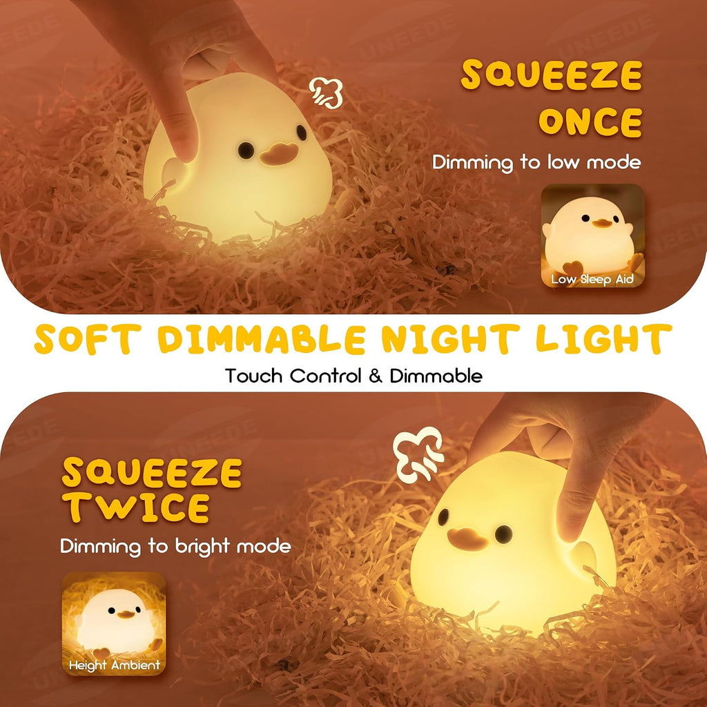 UNEEDE LED Cute Bean Duck Night Light, DoDo Duck Silicone Nursery Night Light Squishy Dimmable Rechargeable Table Bedside Lamp with Touch…