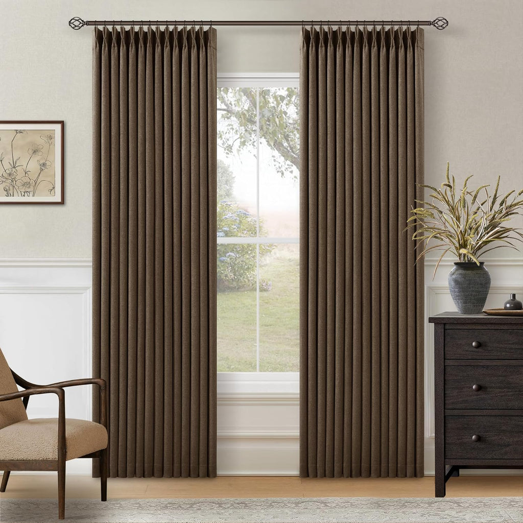 Dutch Cocoa Blackout Pinch Pleat Curtains 84 Inches Long 2 Panels for Living Room Bedroom 100% Black Out Linen Dual Layer Pleated with…