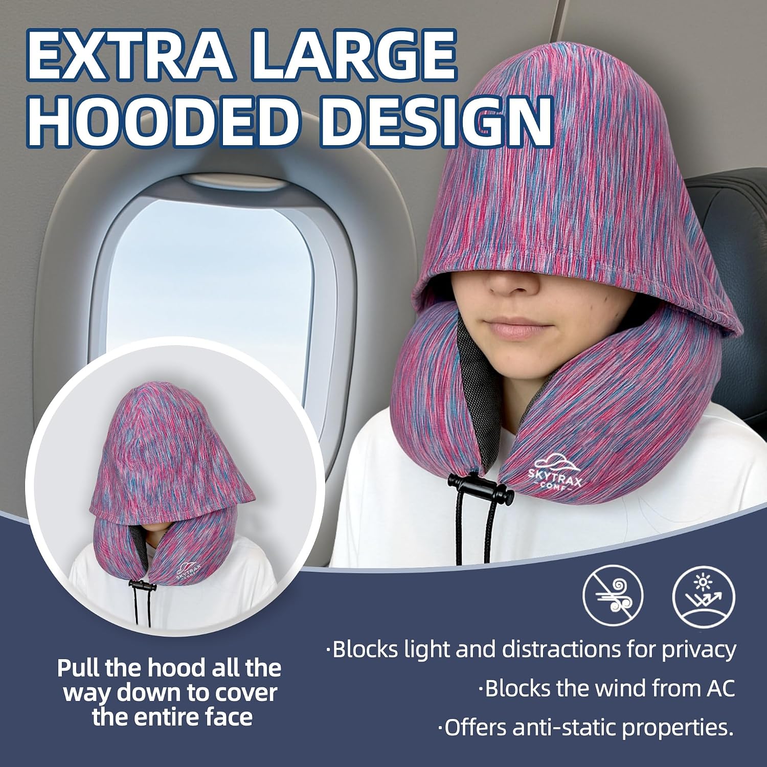 Travel Pillow with Extra Large Hood for Airplane Long Flights Privacy and Comfort Memory Foam with Skin-Friendly Cover for Road Trip…