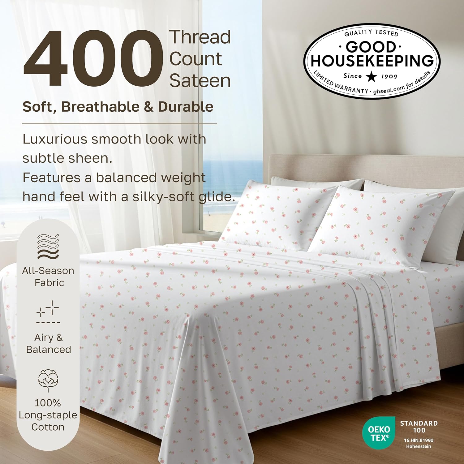 CaliforniaDesignDen California Design Den Soft 100% Cotton Queen Size Bed Sheets Set, 400 Thread Count Good Housekeeping Award Winner, Smoo…