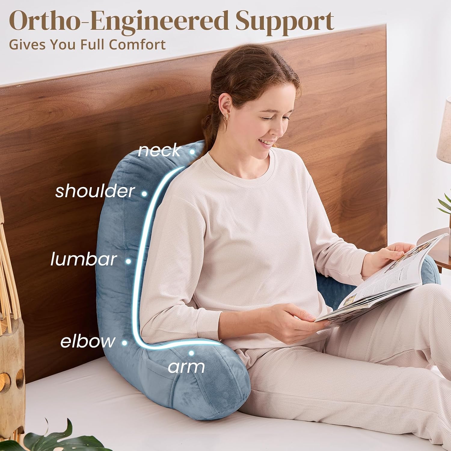 Sasttie Reading Pillow, Pillows for Reading or Relaxing – Ergonomic Support for Head, Neck, Back, and Lumbar, 23-Inch, Greyish Blue Blue